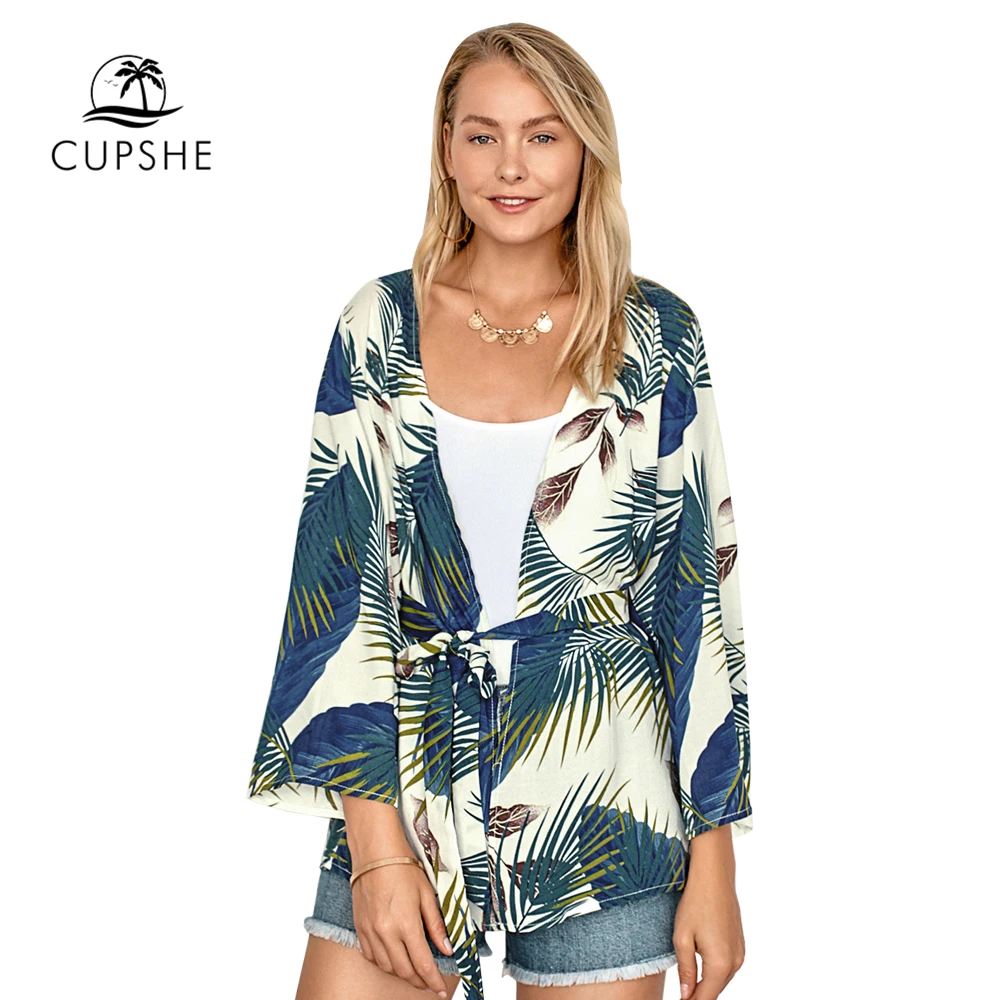 CUPSHE короткое кимоно с принтом ладони бикини накидка поясом женский сексуальный