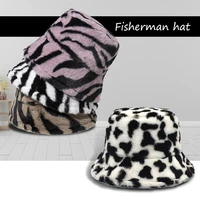new korean winter vintage leopard fluffy plush bucket hat women warm faux fur bucket cap japanese sweet cute fisherman hat