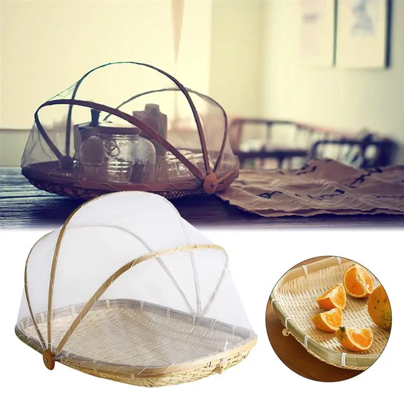 Handmade Wicker Basket With Gauze Bamboo Tray Fruit Vegetable Storage For Kitchen Picnic Food Dust-Protection |
