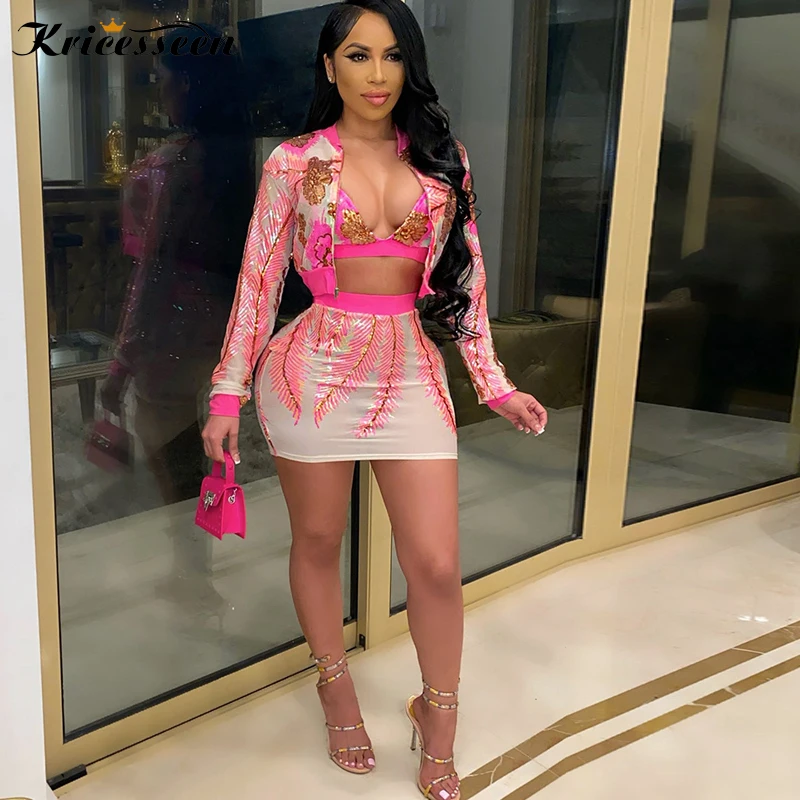 

Kricesseen Sexy Chic Sequined Skirt Set Autumn New Women Zipper Jacket With Bra And Mini Skirt Bodycon Clubwear Matching Set