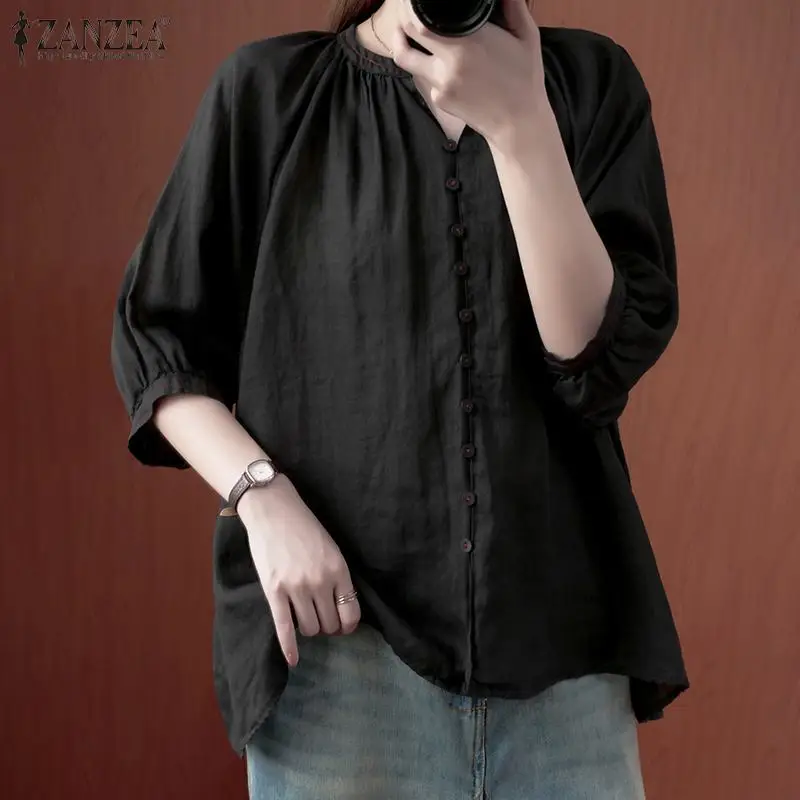 

Oversize ZANZEA Vintage Women Shirts 2021 Summer Ladies Cotton Linen Tops Casual Solid High Low 3/4 Sleeve V-neck Loose Blusa