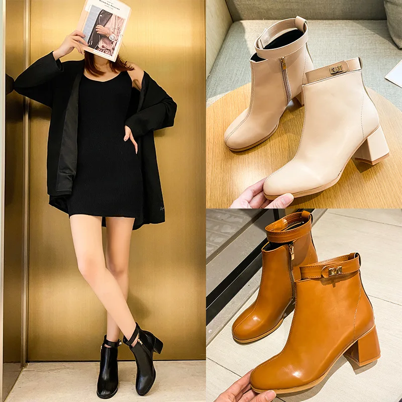 

New Pure Color Catwalk Thick Heel Daily Low-cut Square Toe Viscose Shoes Brown Martin Boots Women's High-heeled Short Boots