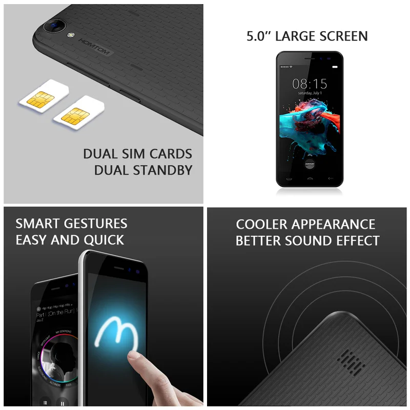 HOMTOM HT16 смартфон на Android 6 0 5 дюймов MTK6580 четырехъядерный 1.3G Гц 1 Гб RAM 8 ROM Wakeup Gesture GPS A