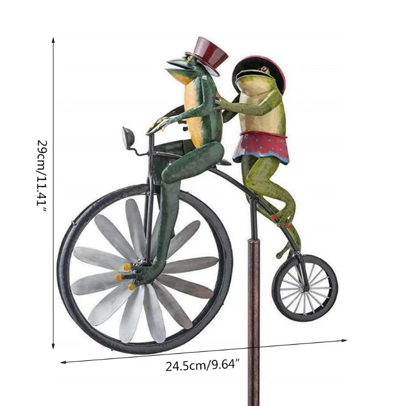 

Vintage Wrought Iron Frog Riding Bicycle Wind Spinner with Standing Rod Animal Motorcycle Garden Pile Windmill for Statue