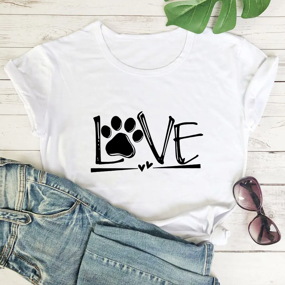 

LOVE Bear Paw Pattern Print T-shirt Woman Cute Casual Pattern Tee Shirt Women Cotton O-neck Short Sleeve Tshirts Women Loose Top