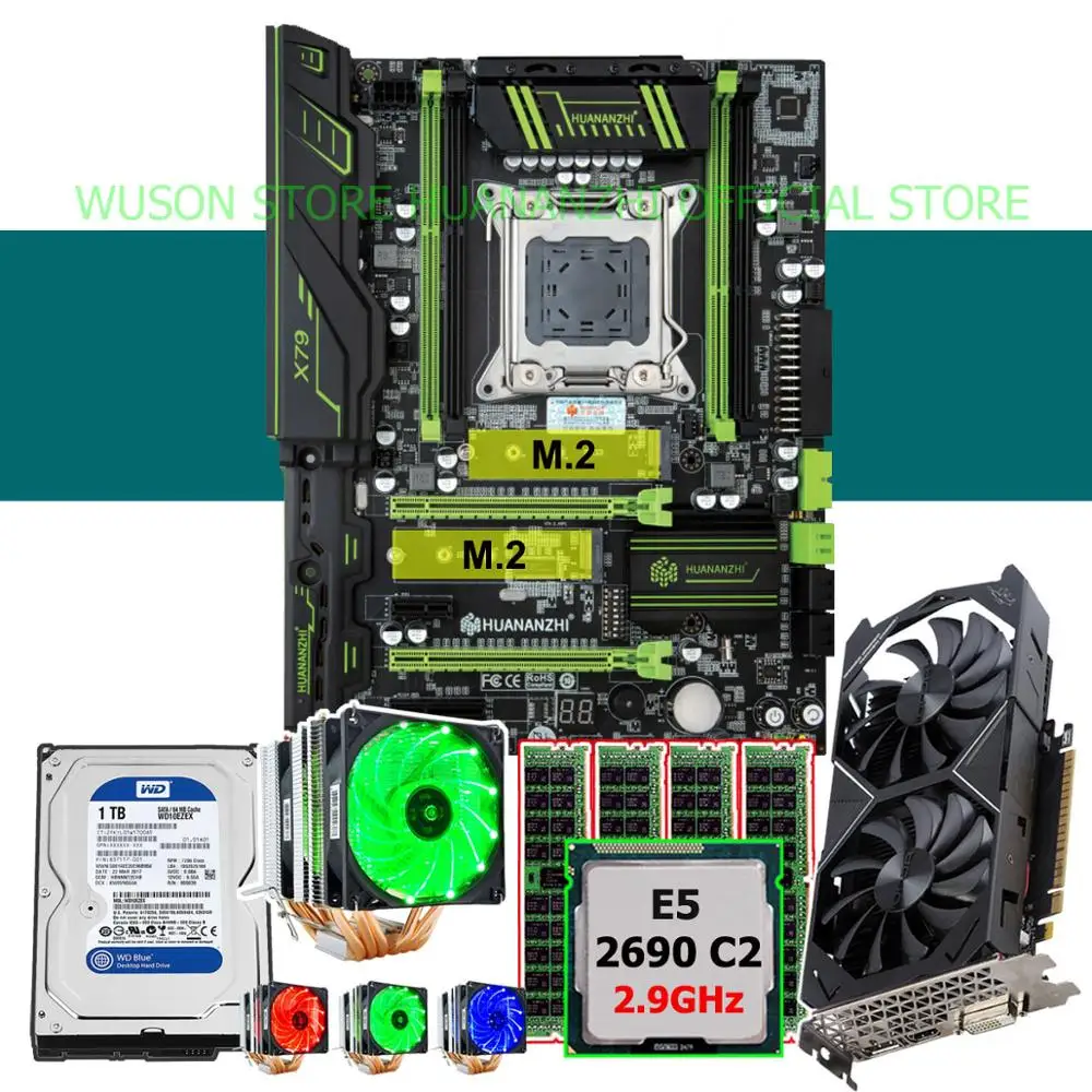 Billig HUANANZHI X79 Super Gaming Motherboard Dual HALLO-SPEED M.2 SSD Slots CPU Xeon E5 2690 RAM 32G RECC 1TB HDD Video Karte GTX1050Ti 4G