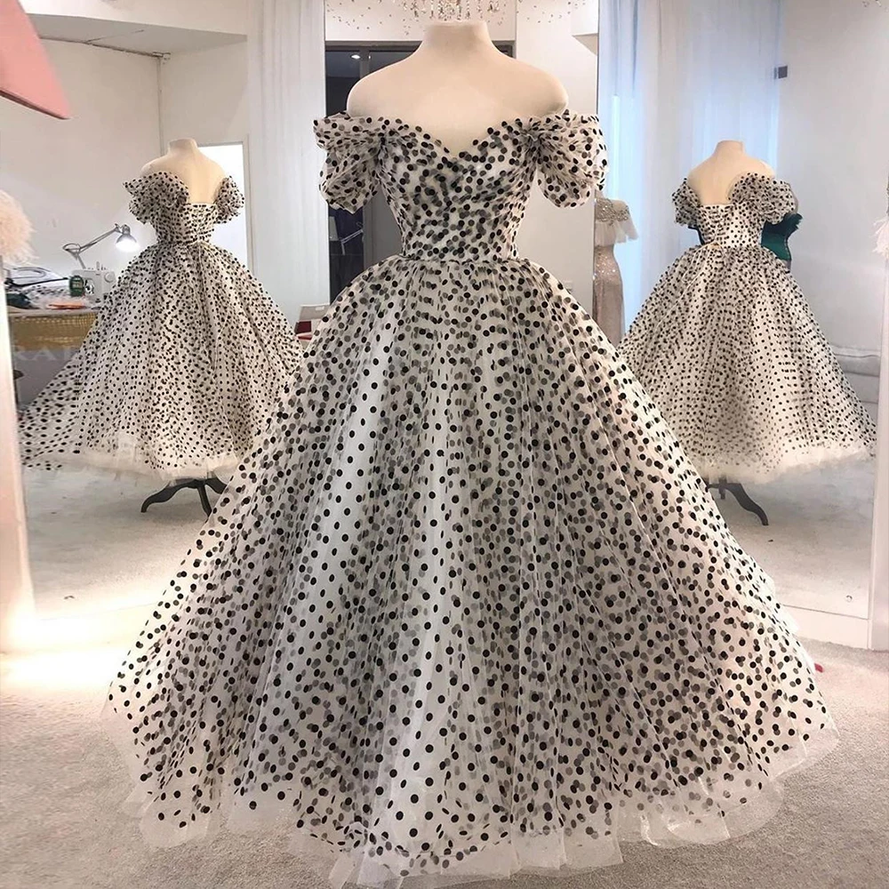 

Bbonlinedress Polka Dot Evening Dresses 2020 Off The Shoulder Tulle Formal Party Gown Prom Dress vestido de festa robe de soiree