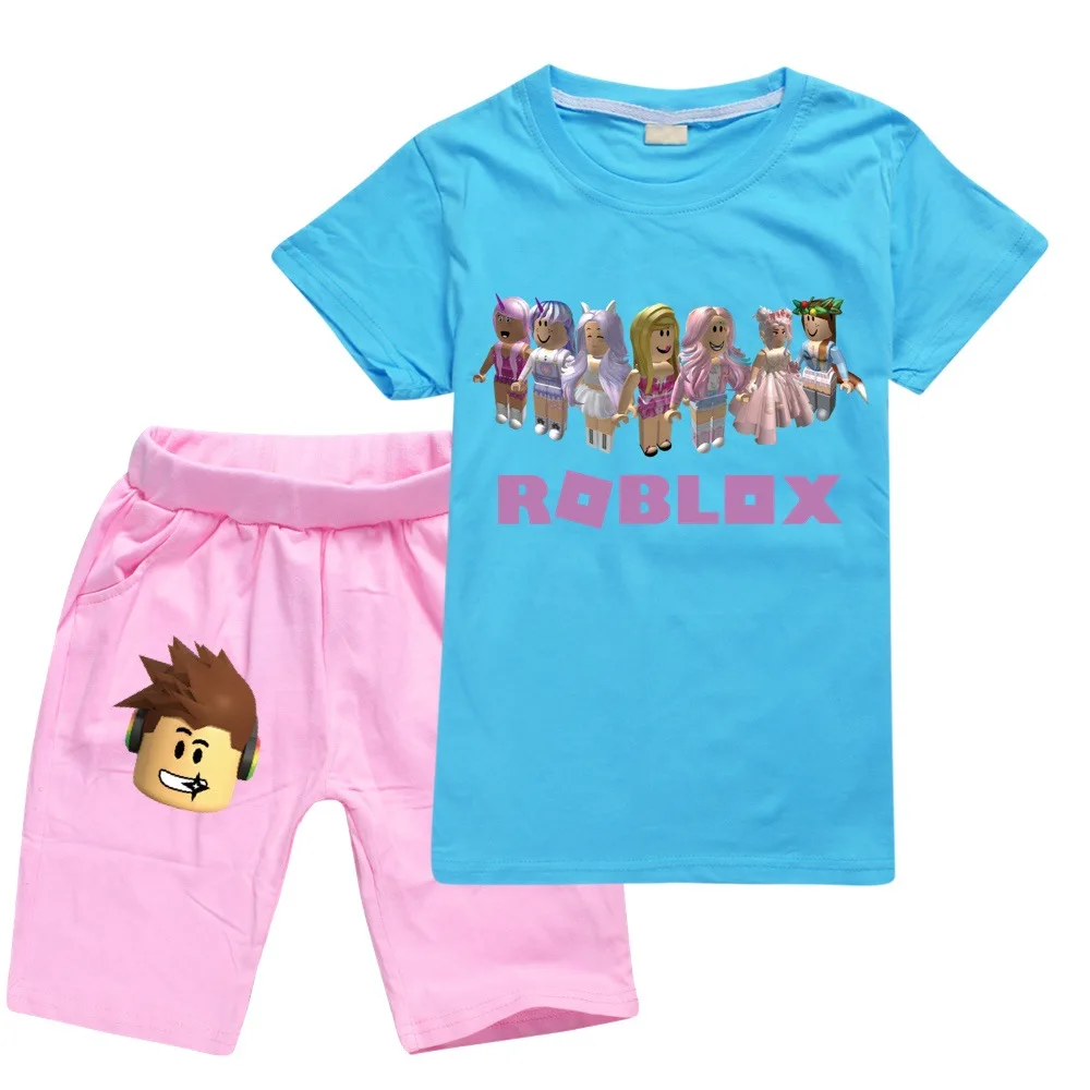 

Pink Robloxing Anime Toddler Boy Clothes Summer Cotton Short Sleeve T Shirt + Denim Shorts Cosplay Costume Girls Tops Pants Set