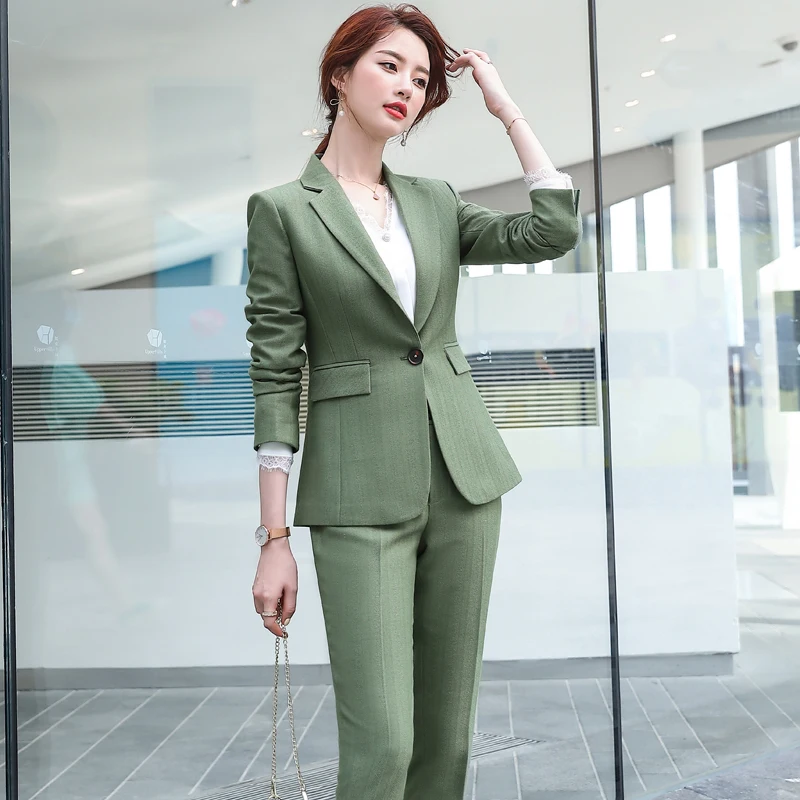 

IZICFLY Autumn Winter Green New Style Womens Suits Blazer With Pants Business Slim Office Trouser Set 2 Piece Outfits Work Wear