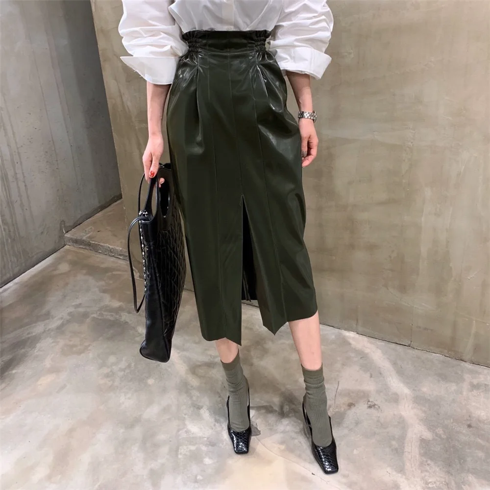 

Long Skirt Rushed Faux Leather Straight None Empire Solid 2020 New Women's Skirt Shiny Slit High Waist Bag Hip Leather