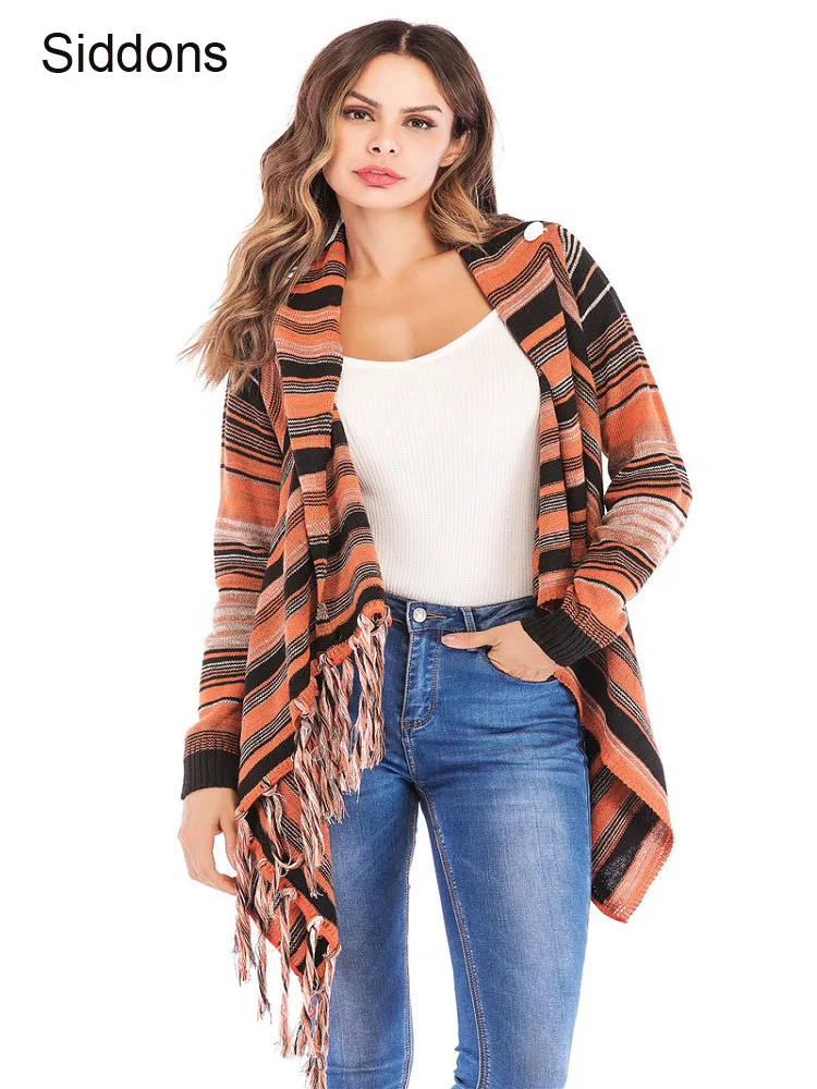 

Women Cardigan Autumn Causal Tassel Sweater Loose Striped Knitting Shawl Coat For Ladies Long Autumn Cardigan Women Sweater