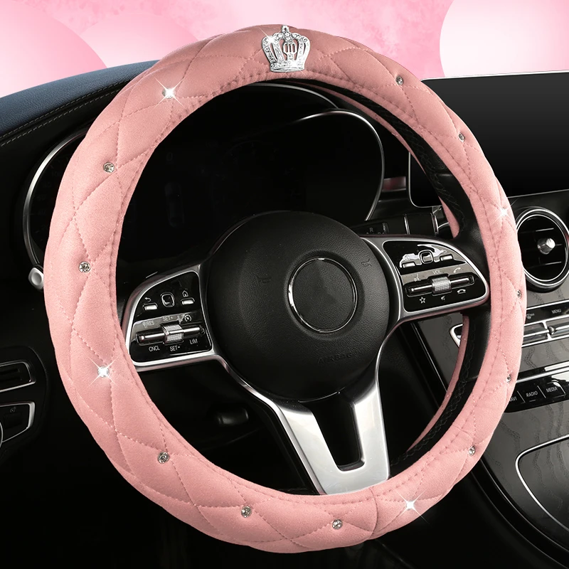 

Motocovers Car Steering Wheel Cover Universal Anti-Slip Suede Car Steering Wheel Protective Cover Crown Design Multi Colors Pink
