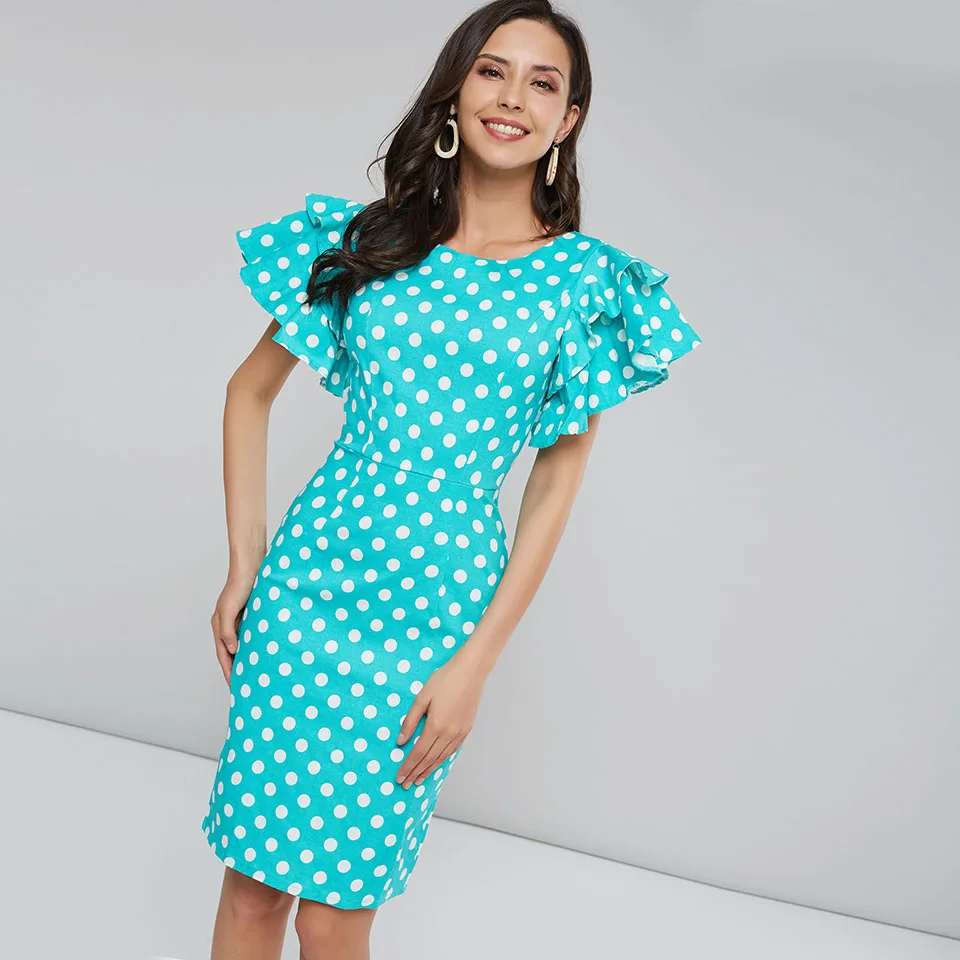 Sisjuly Горошек Лепесток Рукав Винтажное Платье Bodycon Женщины Молния Оболочка Закалывать Женский Синий Круглый Вырез Тонкий Сексуальные Платья Партии