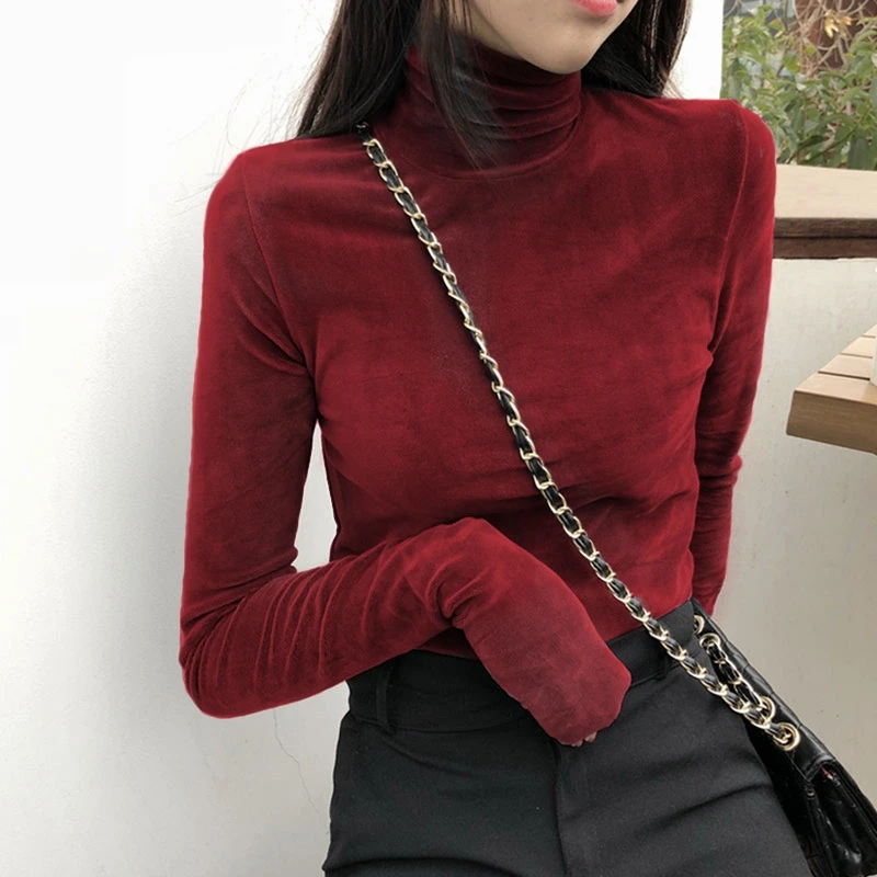 Women T-Shirt  Soft Fleece Velvet Turtleneck Shirt Solid Long Sleeve Autumn Fitness Vintage Girls Bottom Tops Women Clothing