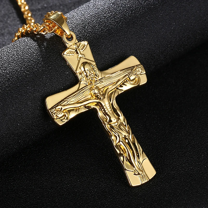 

New Men Jewelry Initial Letters Carved Imitation Titanium Steel Gothic Jesus Cross Pendant Necklace Gift Religion Necklace