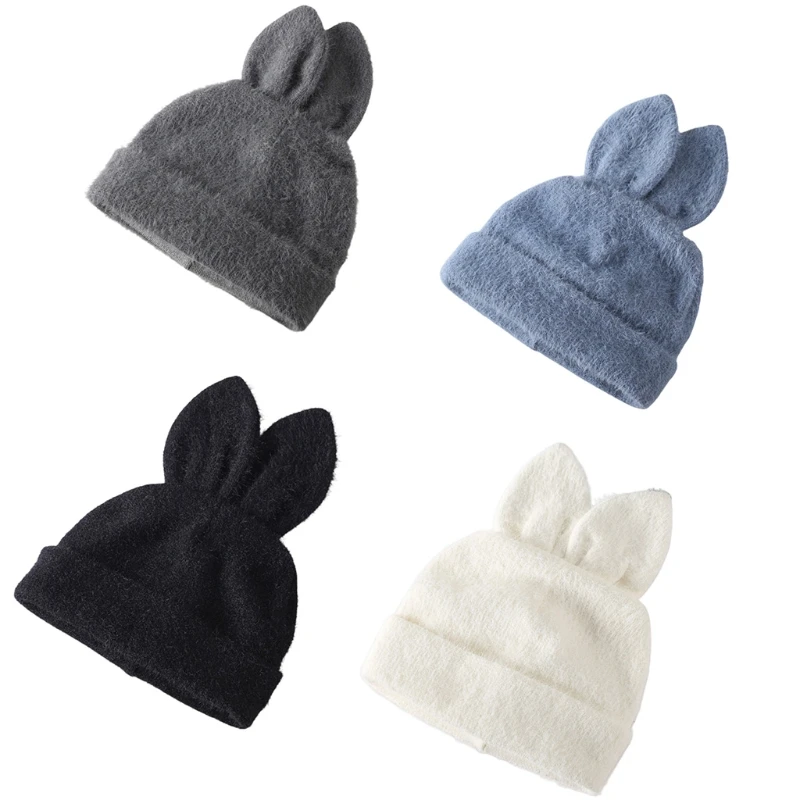 

Winter Cute Rabbit Ear Knitted Hat with Curled Edges Warm Knitted Wool