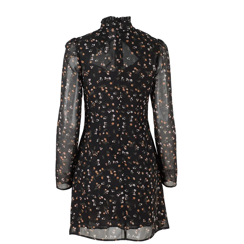 

2020 Spring Women's New French Chiffon Floral High Collar Tie Low Cut Lace Up Long Sleeve Dress