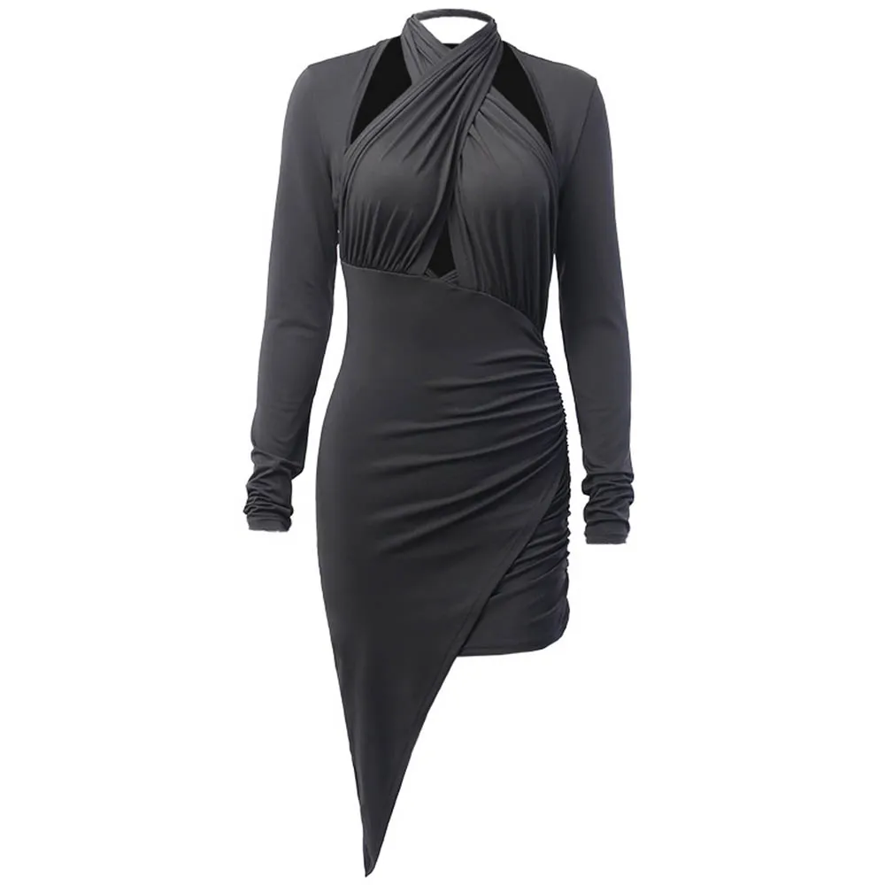 Women Sexy Dress Cross Hanging Neck Hollow Irregular Female Slim Fitted Evening Black Dresses Gothic Clubwear Vestidoes |
