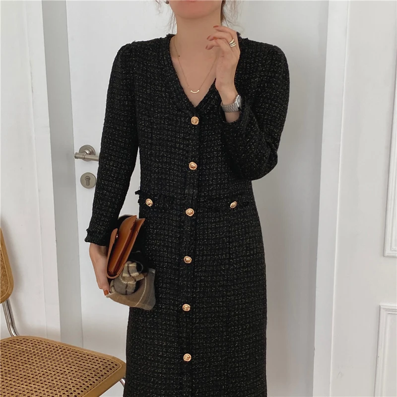 

2021 Women French Retro V-Neck Dresses Solid Straight Long Gentle Office Lady Elegant Chic Female Fashion Clothe