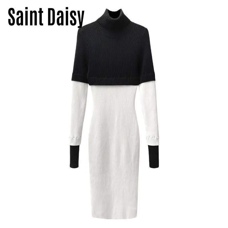 

SaintDaisy Winter Sweater Dresses Turtle Neck Women Vintage Outfit Fashion Bodycon Autumn Robe Dropshipping Casual Knitting 7739