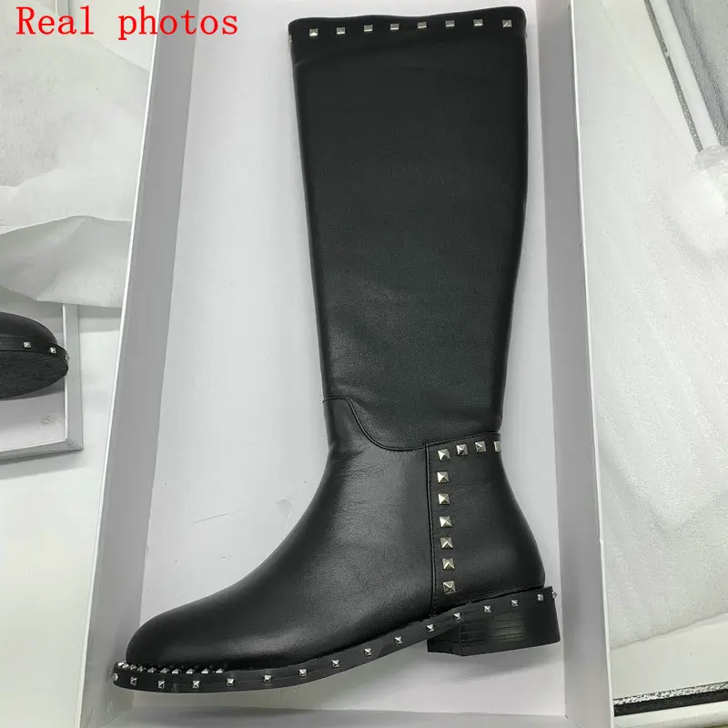 Женские сапоги до колена из натуральной кожи черные бедра на низком каблуке с