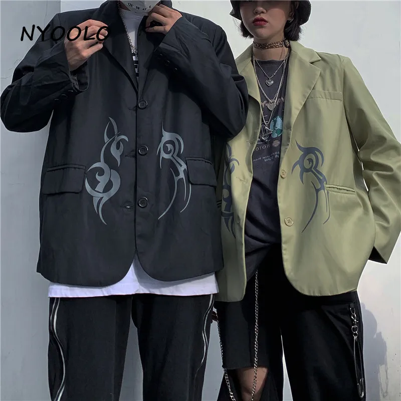 NYOOLO Harajuku Винтажная с драконом принт женский костюм с карманами Осенняя уличная одежда с длинным рукавом однобортное пальто женская мужская одежда верхняя одежда