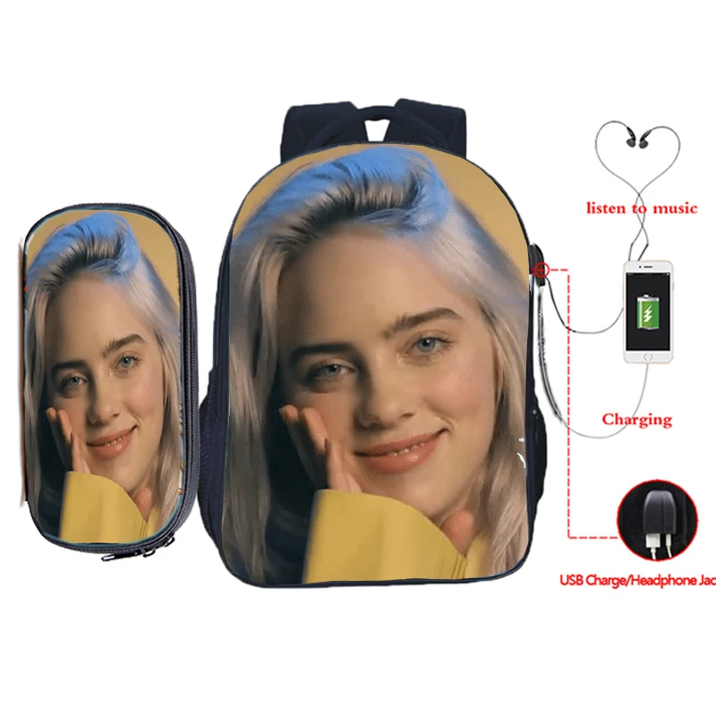 Billie Eilish рюкзак для зарядки через usb 2 шт./компл. школьная сумка для подростков мальчиков и девочек рюкзак для ноутбука пенал Дорожная сумка на плечо