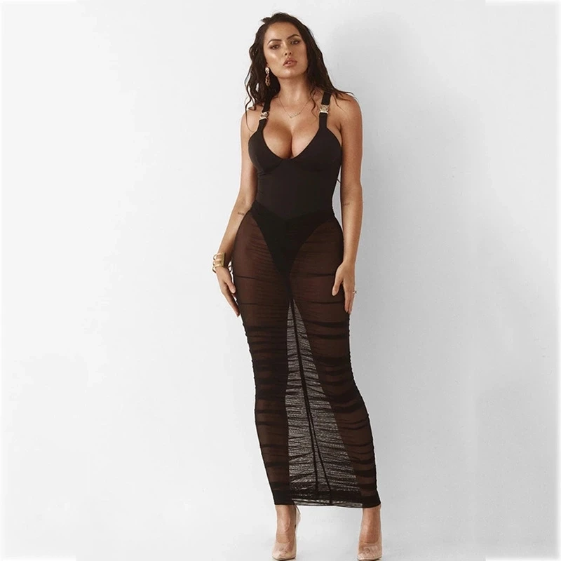 

High Waist Women Cover Up Dress Through Skirt Beach Skiers Mesh Sexy Bathing Suit Sheer Bikini Summer Swimwear Beachwear