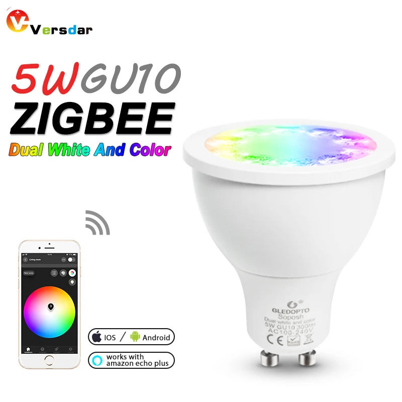 Светодиодный точечный светильник AC100 240V ZigBee 5 Вт GU10 RGB CCT совместим с Link Alexa echo Plus