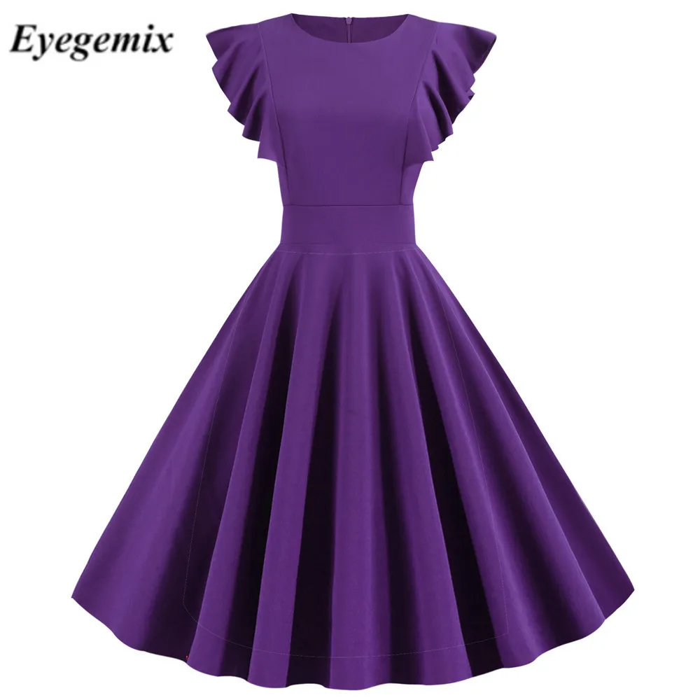 JY14135 Purple Летнее однотонное винтажное платье 50s 60 s, женское платье с рукавами-лепестками, элегантные офисные вечерние платья миди, Vestidos De Fiesta - Цвет: JY14135 Purple