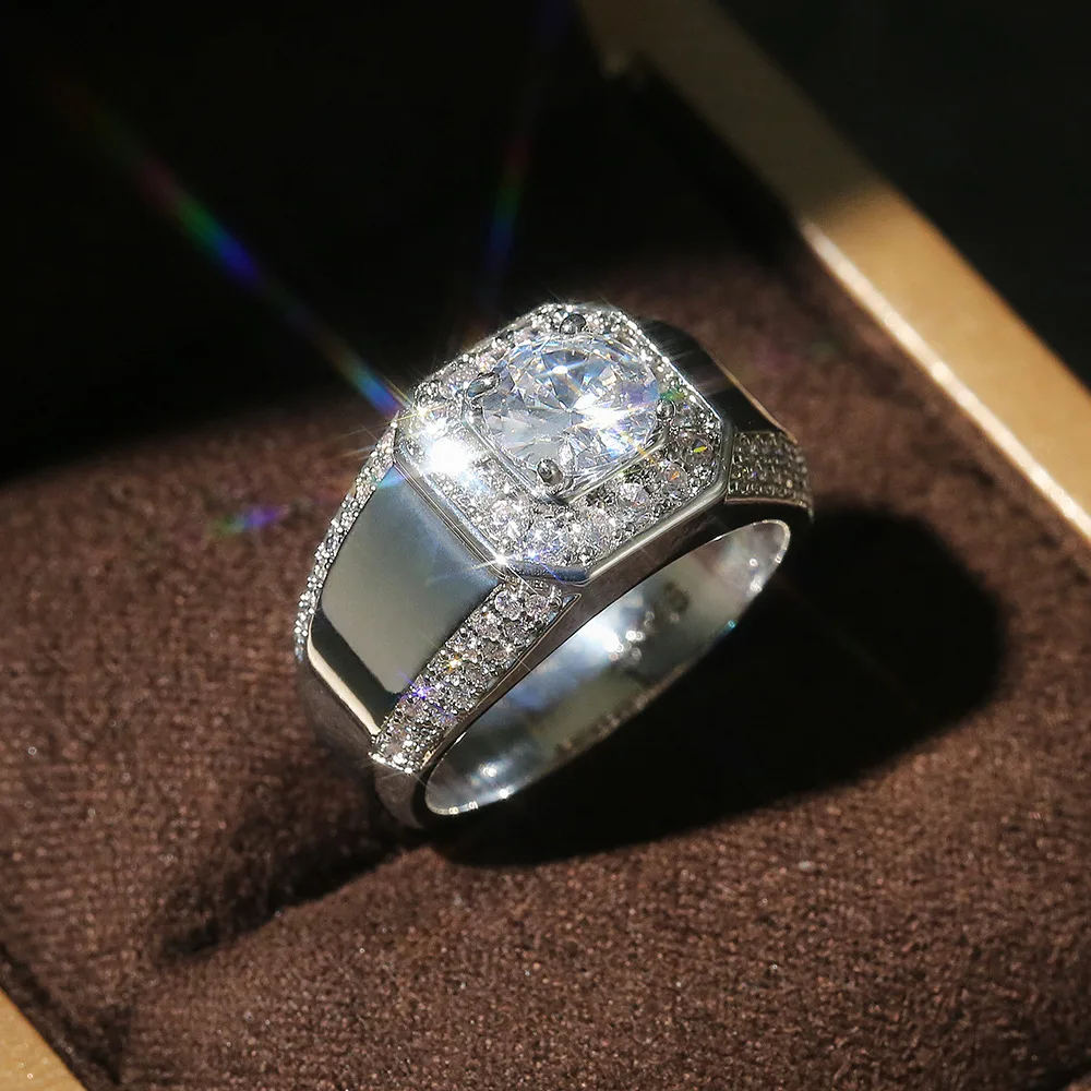 

925 Sterling Silver Luxury Men AAA Crystal Zircon Stone Wedding Engagement Ring Brilliant Noble Engage Party Rings