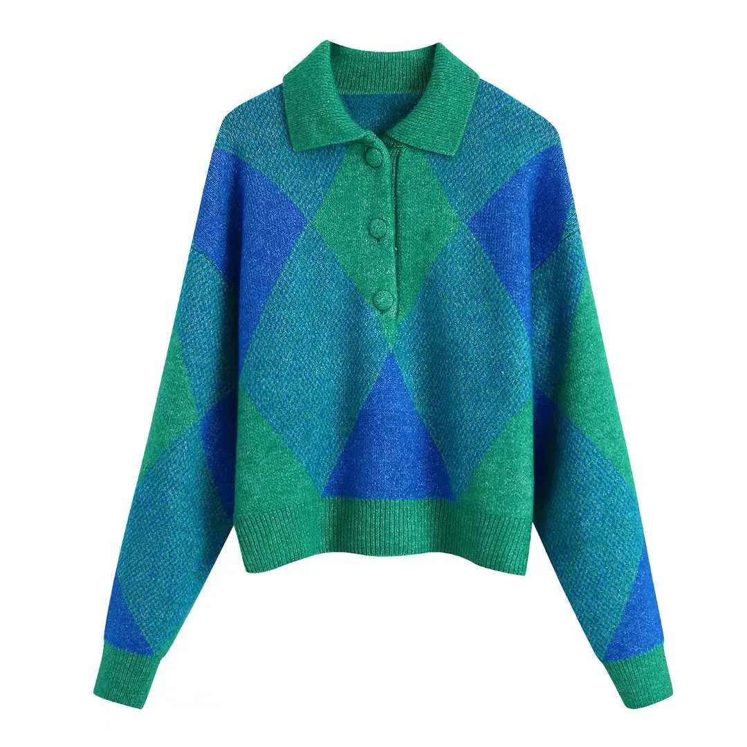 

Женский жаккардовый вязаный свитер с длинными рукавами и воротником-поло