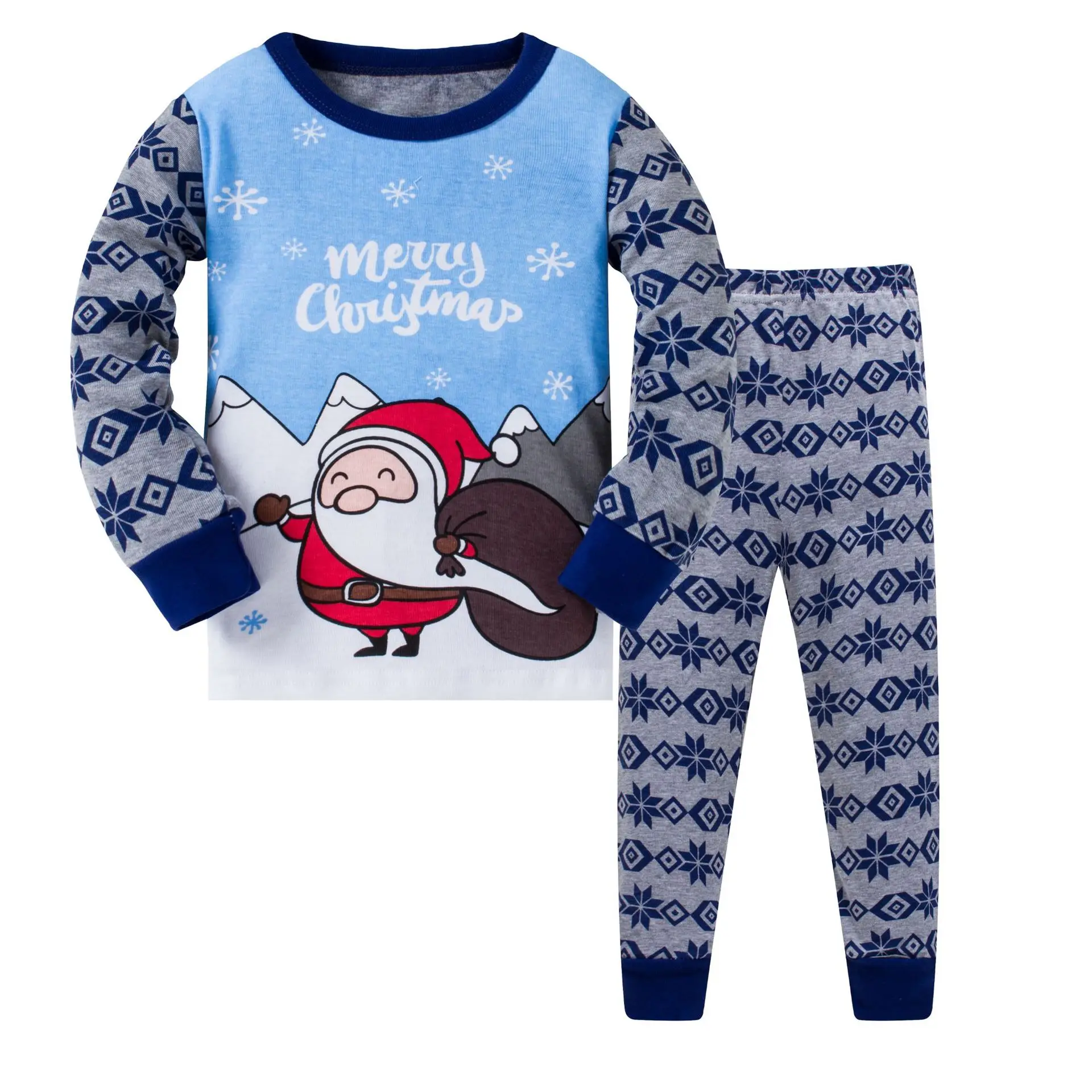 2pcs bule Длинные пижамы для маленьких девочек и мальчиков детская хлопковая одежда для сна с изображением Санта-Клауса «Веселые чиристамы» новые детские пижамы для детей 3, 4, 5, 6, 7, 8 лет - Цвет: 2pcs bule