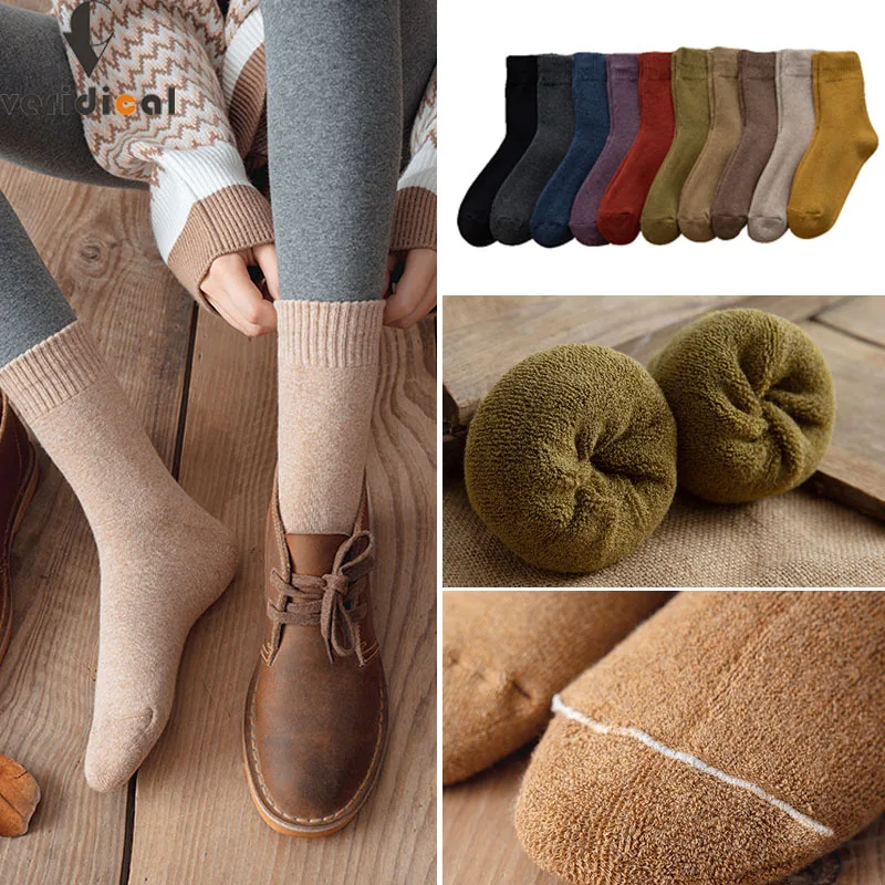 

Woman Girl Terry Socks Thick Organic Cotton Solid Winter Harajuku Anti-Bacterial,Breathable,Warm Knit Thermal Short Socks Brand