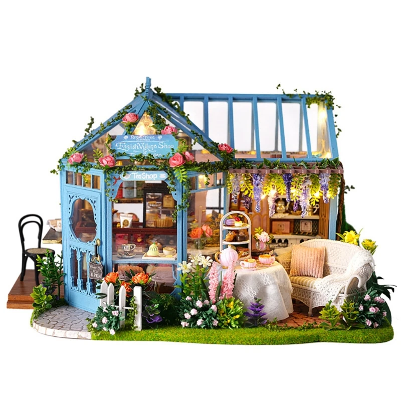 

Dollhouse Miniature with Furniture, DIY Wooden Dollhouse Kit Music Box , 1:25 Tiny House Building Kit (Tea House)
