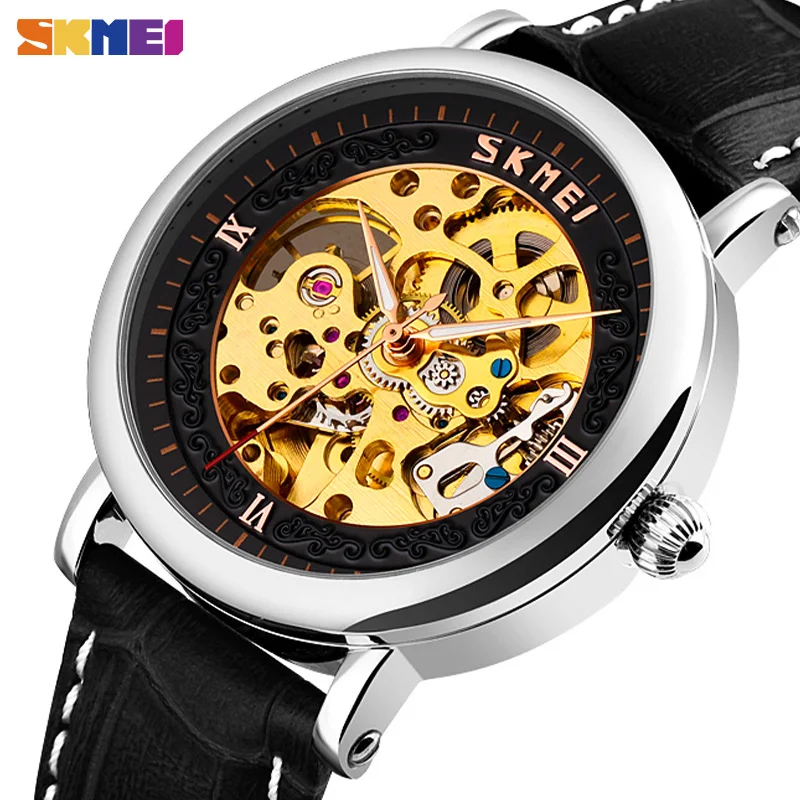 

SKMEI Mens Automatic Watches Men Mechanical Wristwatch Simple Hollow Big DialWaterproof Leather Strap Male Relogio Masculino New