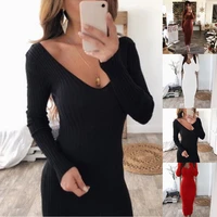 autumn winter bodycon dress women silm v neck sweater dress long sleeve backless ribbed knitted midi dress casual dresses party