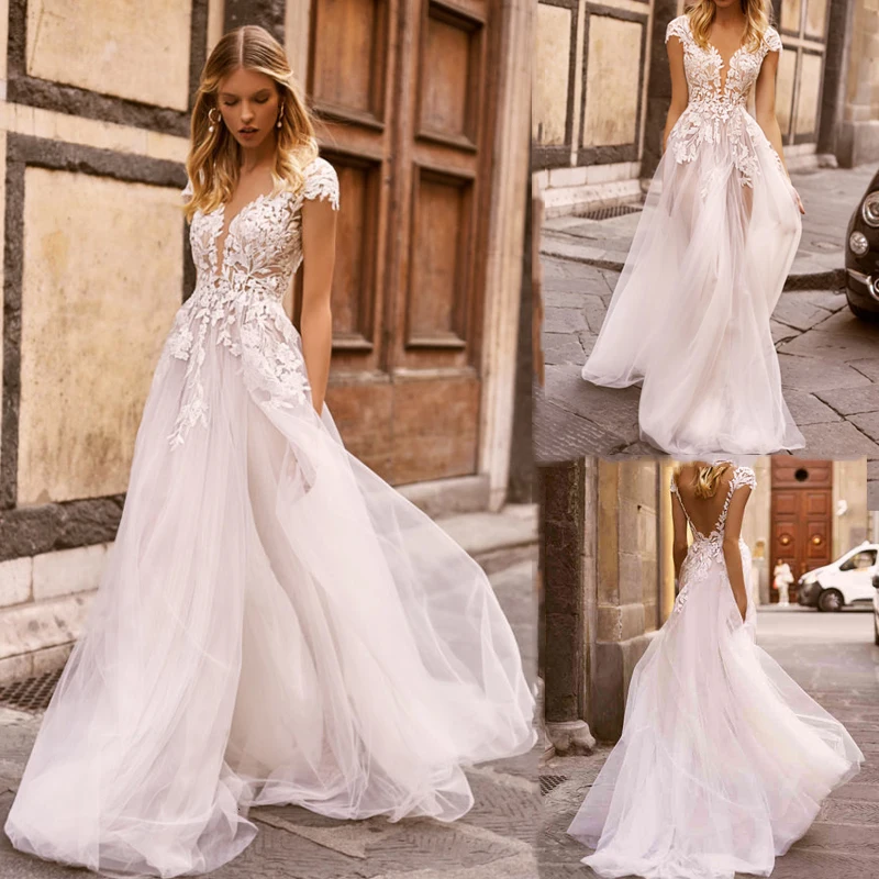 

Long A Line Wedding Dresses Deep V Neck Capped Applique Tulle Wedding Gown Sweep Train Boho Bridal Gowns White Summer Dress 2021