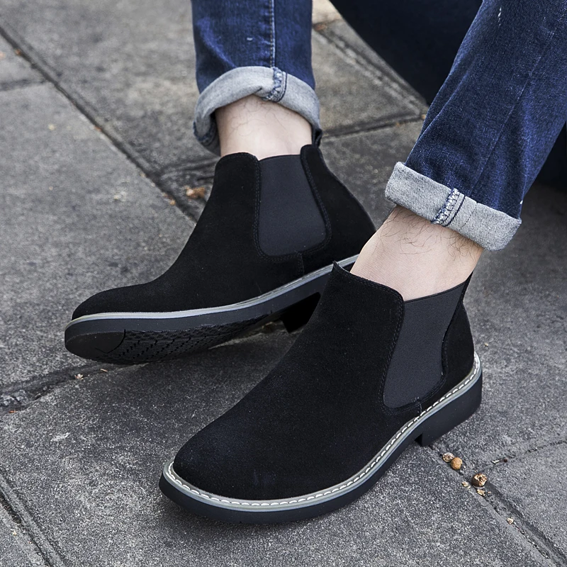 

New Men Chelsea Boots Ankle Boots Fashion Men's Brand Cow suede Leather Quality Slip Ons Motorcycle Warm Men's Boots Big Size 46