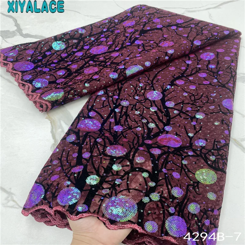 

5 Yards Flocking Velvet Lace Latest Handcut Velvet Mesh Tulle French Net Fabric with Sequins Glitters Nigeria Dress KS4294B