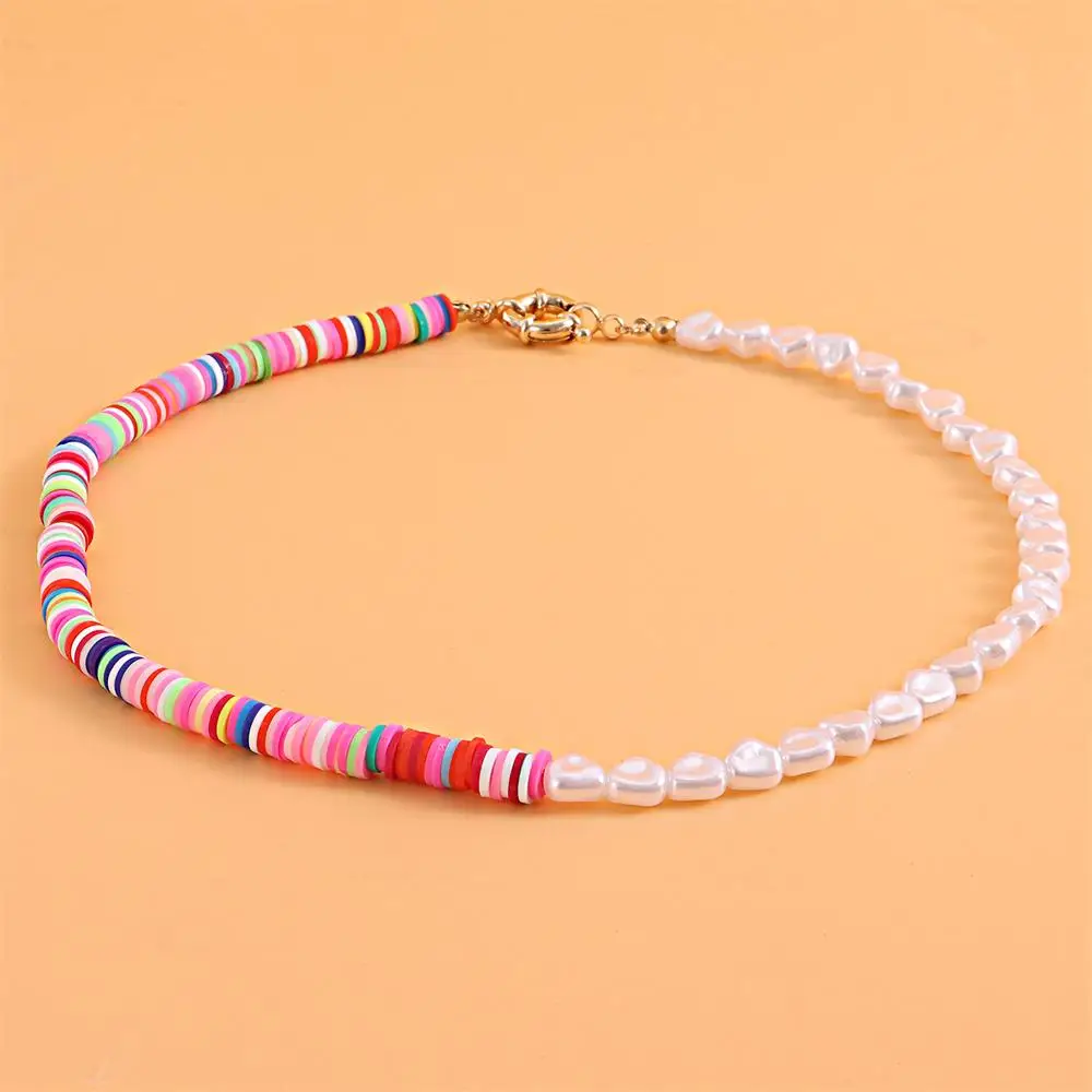 

Fashion Creative Half Colorful Soft Pottery Triangle Pearl Necklace Retro Hip-hop Women's Holiday Jewelry Gift