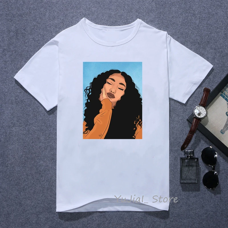 Y101785 Melanin Poppin футболка vogue Футболка женская черная африканская кудрявая волосы девушка футболка с принтом femme harajuku одежда женская футболка Топы - Цвет: Y101785