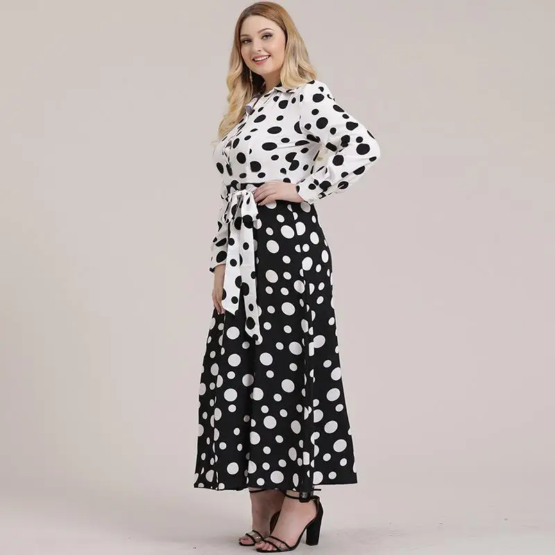 5XL размера плюс в горошек женское платье 2019 осеннее с длинными рукавами для