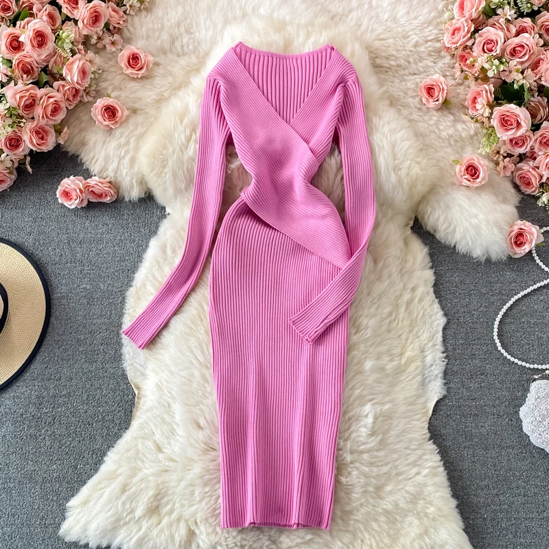 

Elegant retro sexy deep V-neck knitted dress womens 2021 autumn waist a-line temperament Hepburn midi dresses lady vestidos