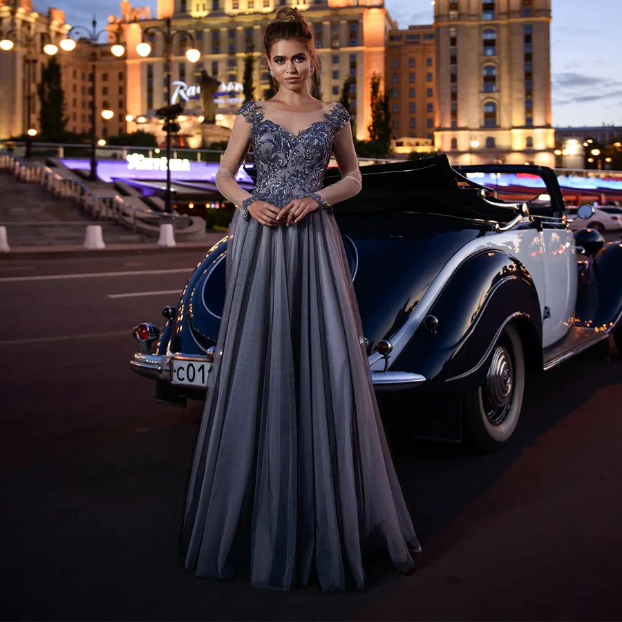 

Charming Sparkling Beading Applique Formal Dresses Illusion Long Sleeves Lace Tulle A-line Evening Dresses Robe De Soiree