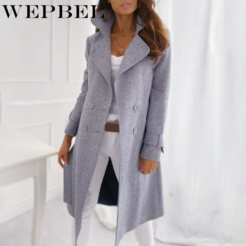 

WEPBEL Women Coat Outerwear Autumn Winter Jacket Solid Color Suit Collar Medium Length Double Breasted Woolen Coat