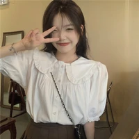 korean tops chic doll collar puff sleeve short sleeved shirt solid casual vintage sweet button women blousesummer new japanese