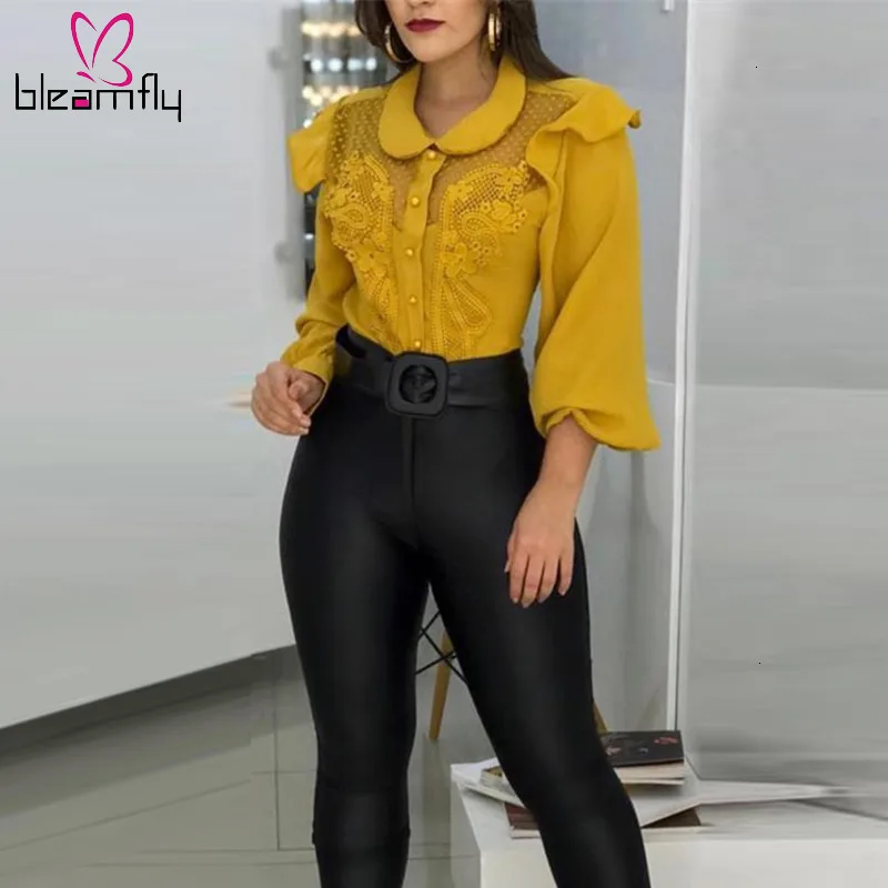 2019 летняя элегантная женская модная желтая Повседневная сетчатая рубашка с