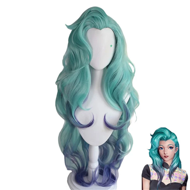 Парик для косплея Seraphine Lol Kda свободные волнистые зеленые смешанные фиолетовые