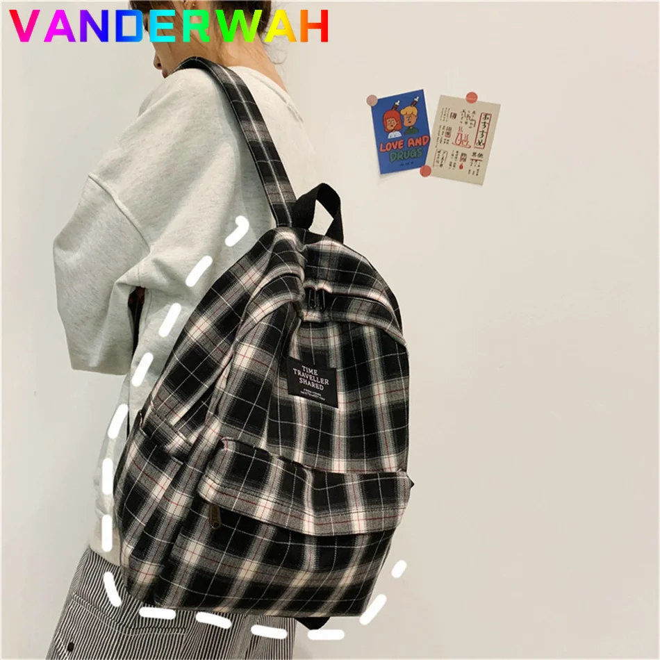 

Students Backpacks Women's Plaid Pattern Book Bag Canvas Softback Campus Style Rucksack Travel Bagpack Female Backpacks Ladies